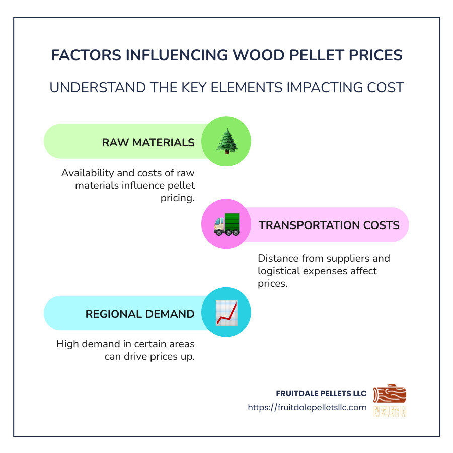 Wood pellet pricing factors and availability infographic, highlighting price ranges, local supply points, and impacts from raw materials and transport costs. - wood pellet prices near me infographic infographic-line-3-steps-colors
