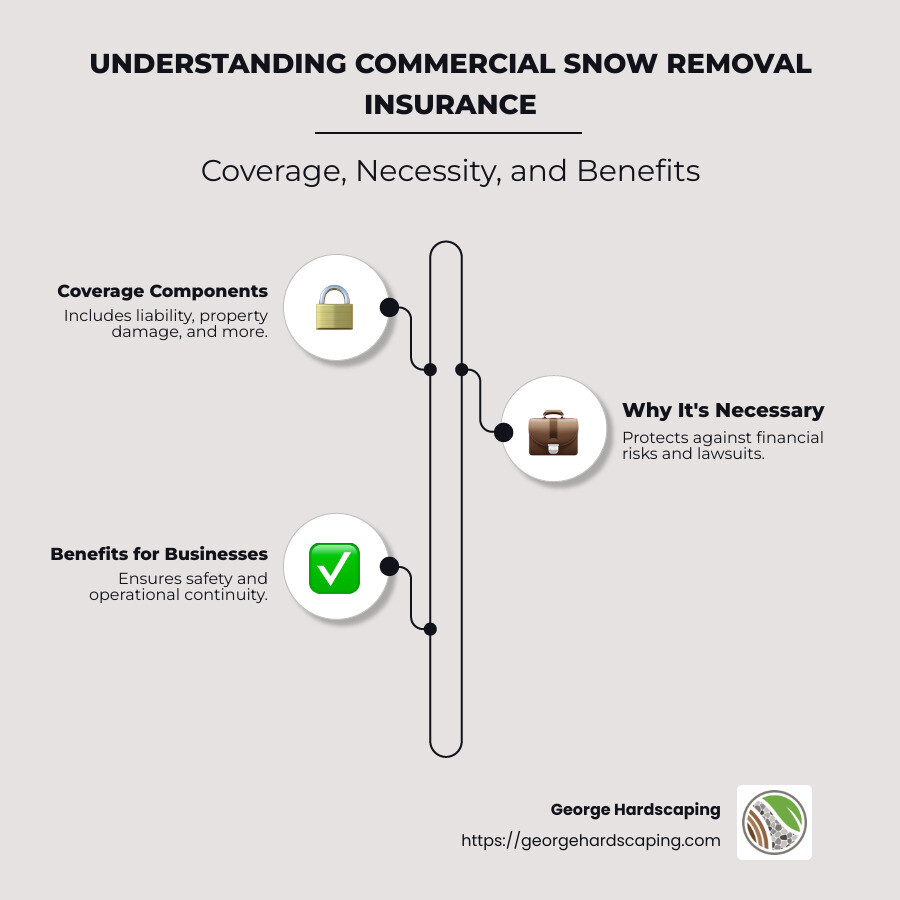 Infographic detailing commercial snow removal insurance coverage, who needs it, cost implications, and benefits for businesses, complete with visual examples of snow removal operations. - commercial snow removal insurance infographic infographic-line-3-steps-neat_beige