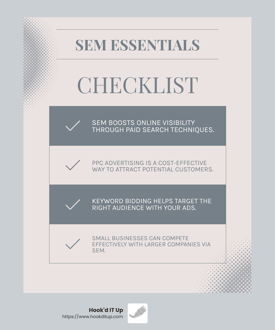 The SEM Playbook: Elevate Your Small Business Visibility SEM helps small businesses increase visibility and reach their target audience. - search engine marketing small business infographic checklist-light-blue-grey