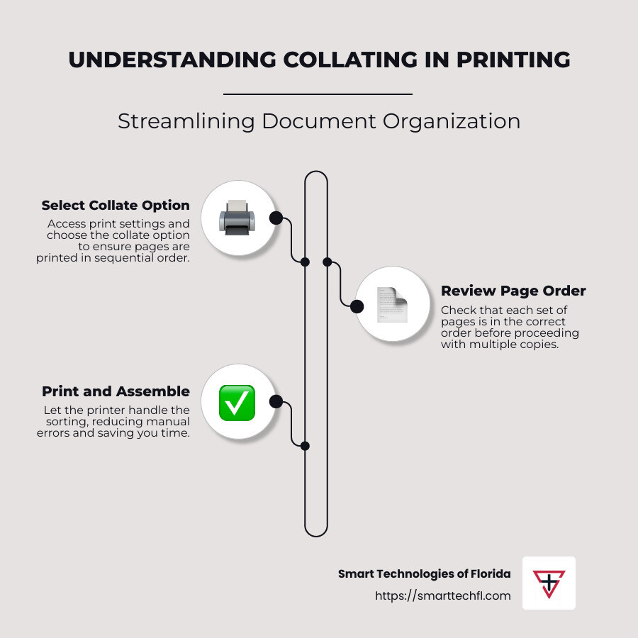 Collate Printing: The Key to Organized Documents 1 Steps of collating process - what is the meaning of collate in printing infographic infographic-line-3-steps-neat_beige