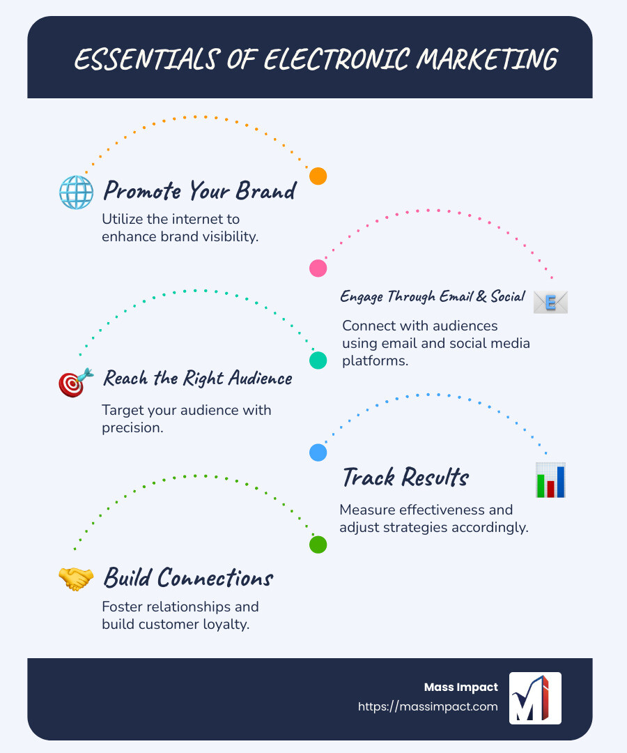 Basics of Electronic Marketing Infographic: Promoting Your Brand Using the Internet, Engaging Through Email and Social Media, Reaching Target Audience, Measurable Results, Connection Building - electronic marketing infographic infographic-line-5-steps-blues-accent_colors