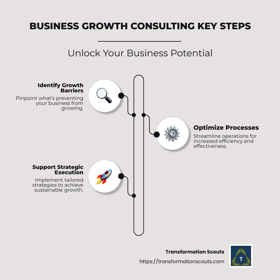 Infographic showing benefits and steps of business growth consulting, listing "Identify Growth Barriers", "Optimize Processes", and "Support Strategic Execution" along with visual representations - business growth consulting infographic infographic-line-3-steps-neat_beige