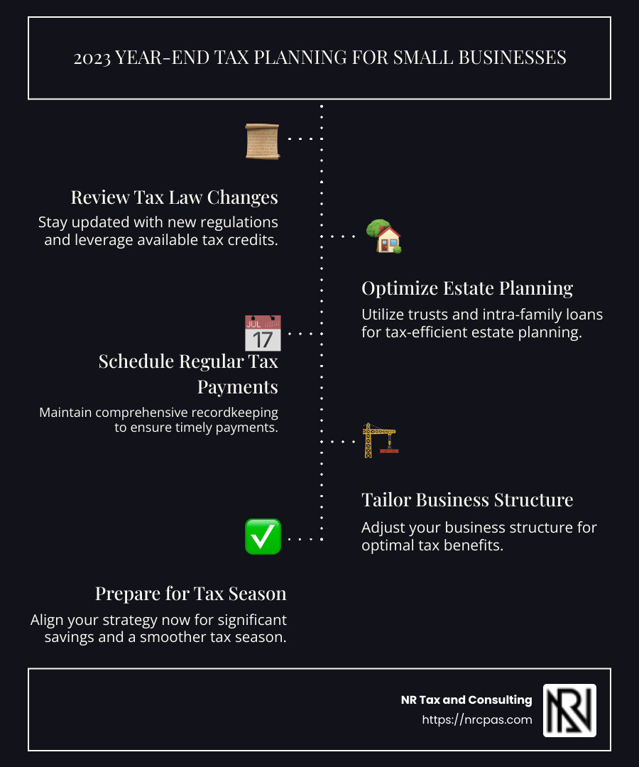 Infographic detailing 2023 year end tax planning strategies for small businesses, featuring key points such as tax law review, leveraging credits, and estate planning tools, with graphical representations of each strategy. - 2023 year end tax planning infographic infographic-line-5-steps-dark