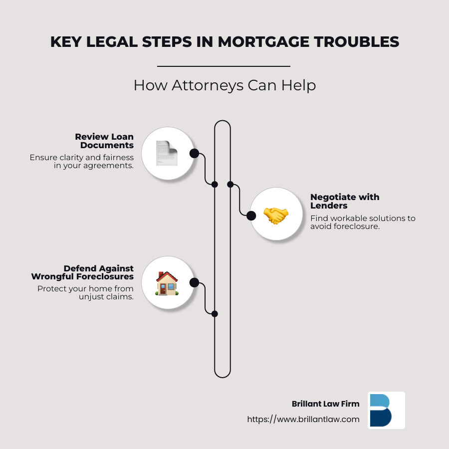 Key Legal Steps in Mortgage Troubles - attorney for mortgage problems infographic infographic-line-3-steps-neat_beige