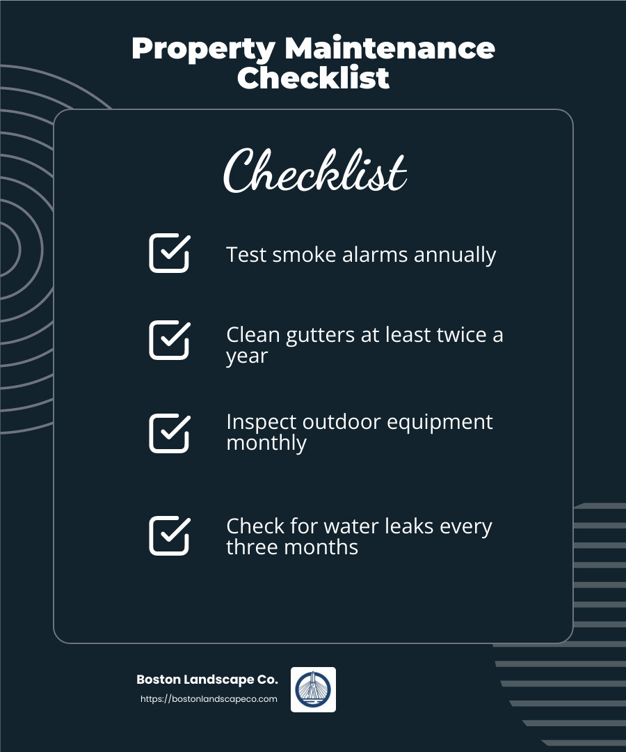 Regular maintenance tasks ensure safety and efficiency throughout your property. - property maintenance services infographic checklist-dark-blue