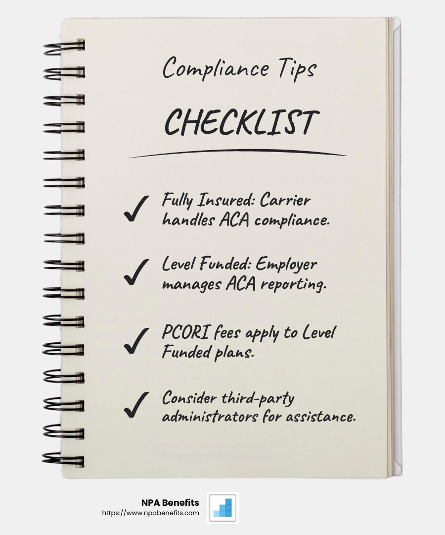 Regulatory compliance considerations for level funded plans - what is the difference between level funded and fully insured infographic checklist-notebook