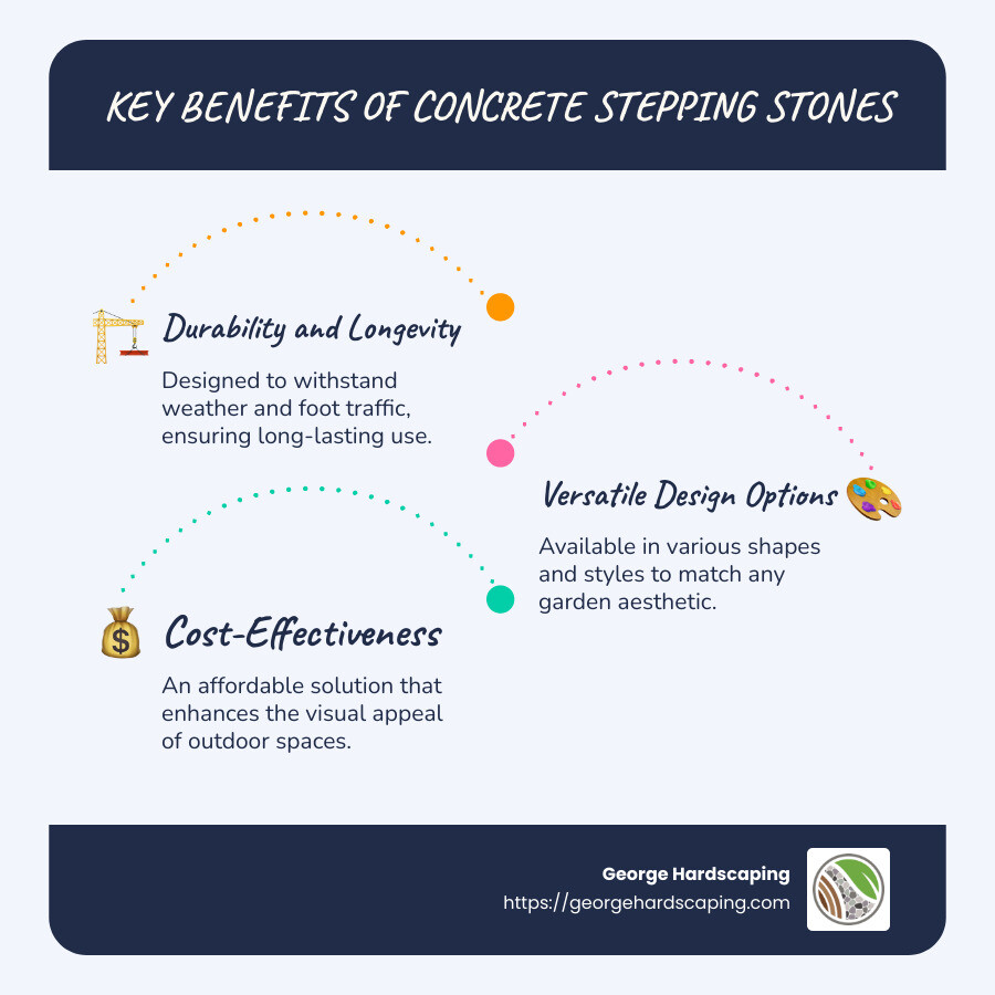 Infographic explaining benefits of concrete stepping stones for DIY landscaping, highlighting cost-effectiveness, durability, and aesthetic versatility - concrete stepping stone infographic infographic-line-3-steps-blues-accent_colors