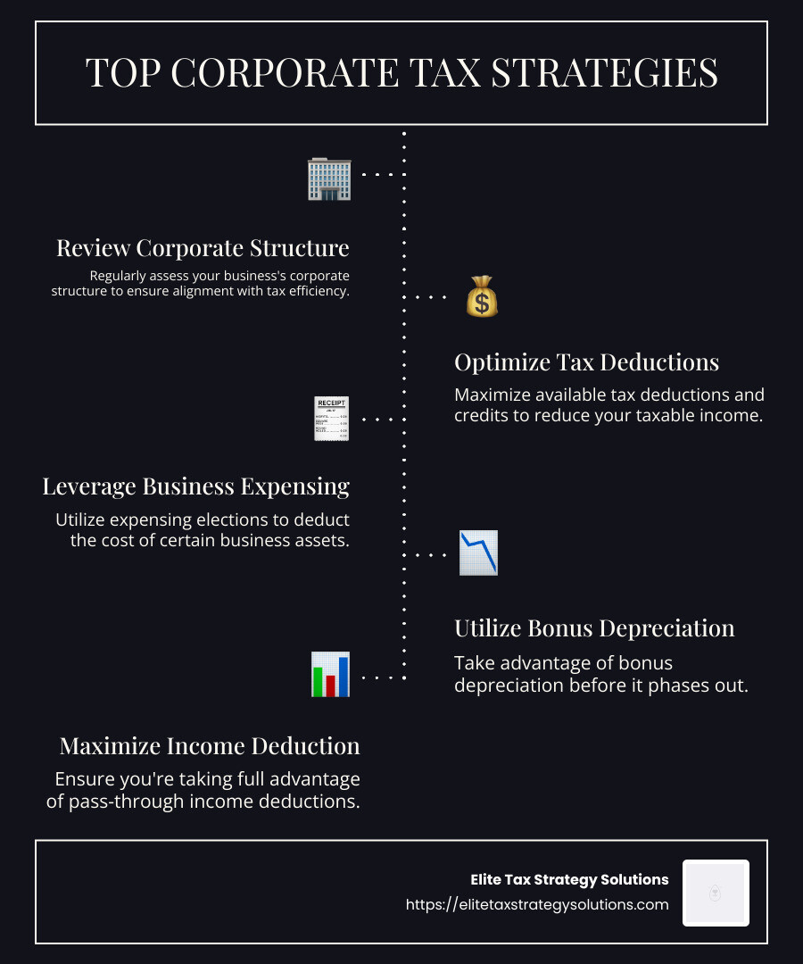 Infographic detailing top five corporate tax strategies to maximize savings, including corporate structure review, optimizing deductions, bonus depreciation, business expensing, and income deductions - corporate tax strategies infographic infographic-line-5-steps-dark