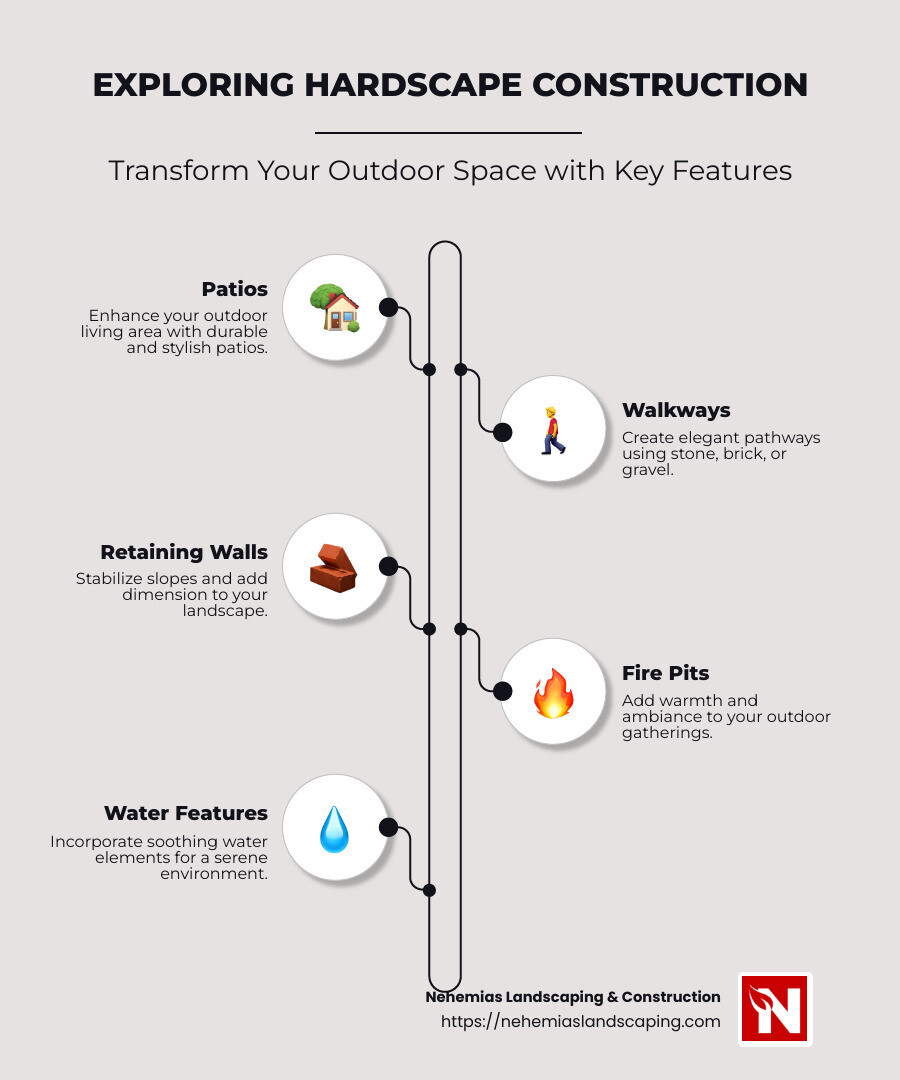 Infographic depicting types of hardscape materials and their uses in design - hardscape construction infographic infographic-line-5-steps-neat_beige