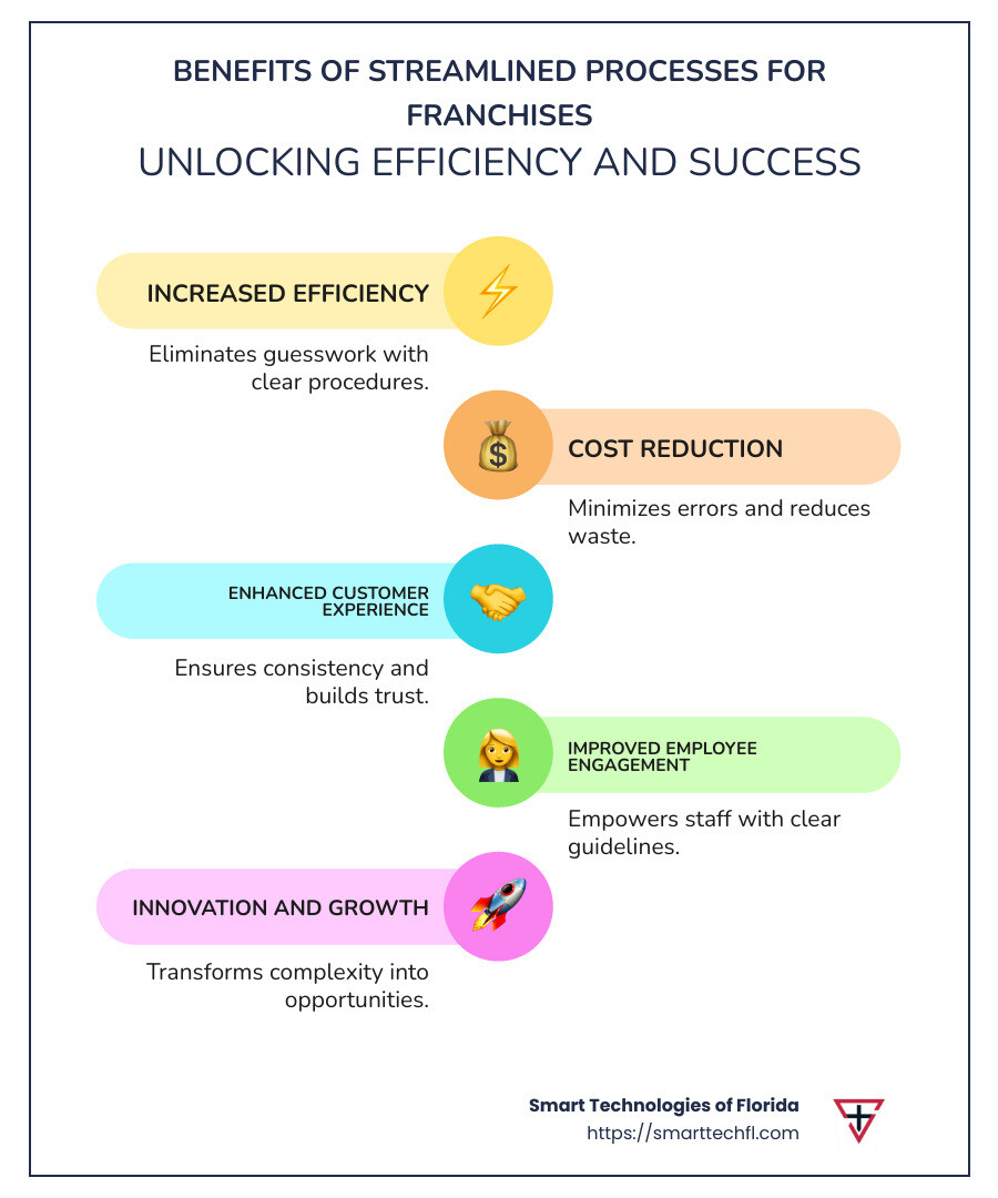 infographic showing benefits of streamlined processes: efficiency improvements, cost savings, and customer satisfaction improvements - streamlined business process documentation for franchises infographic infographic-line-5-steps-colors