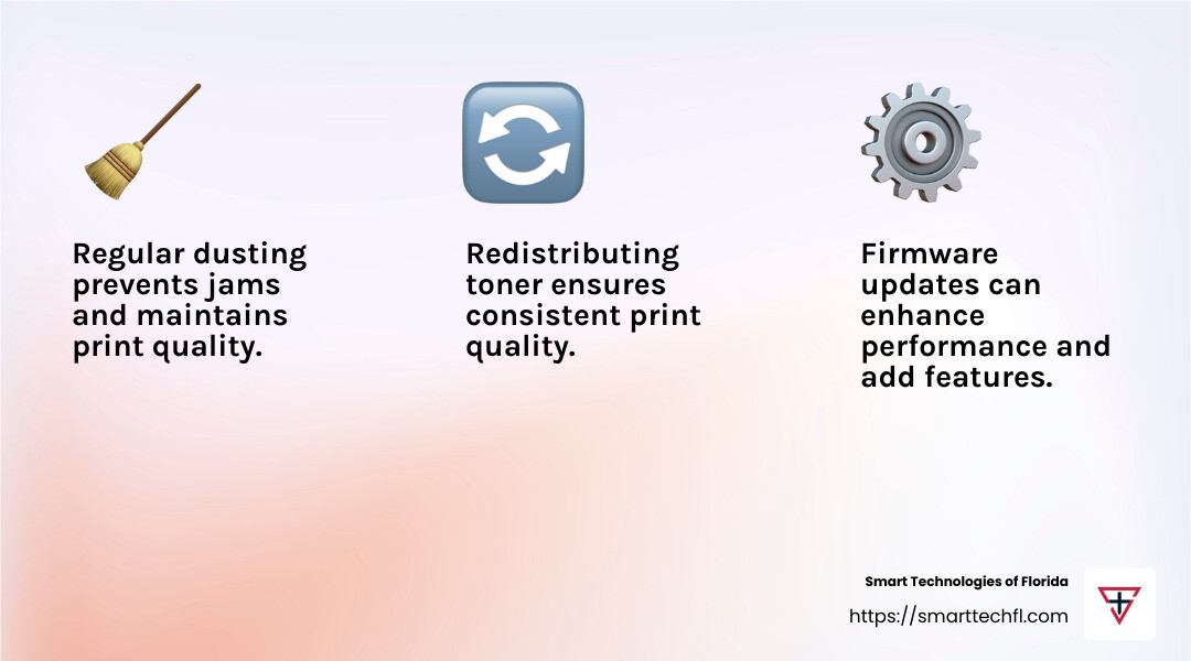 Regular maintenance can prevent slowdowns caused by mechanical issues. - office printer maintenance tips infographic 3_facts_emoji_light-gradient