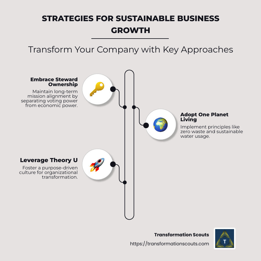 Infographic illustrating sustainable strategies: Accept Steward Ownership, Adopt One Planet Living, Leverage Theory U - business strategies for sustainable growth infographic infographic-line-3-steps-neat_beige