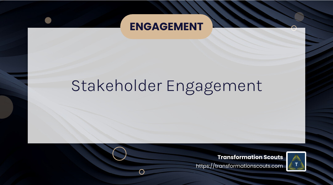 Stakeholder engagement leads to success - business strategies for sustainable growth infographic simple-info-landscape-card-dark