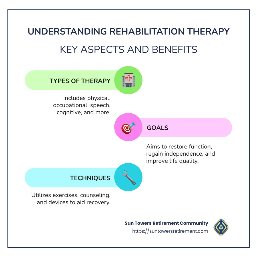 Infographic detailing what is rehabilitation therapy: types, goals, and who it's for. - what is rehabilitation therapy infographic infographic-line-3-steps-colors
