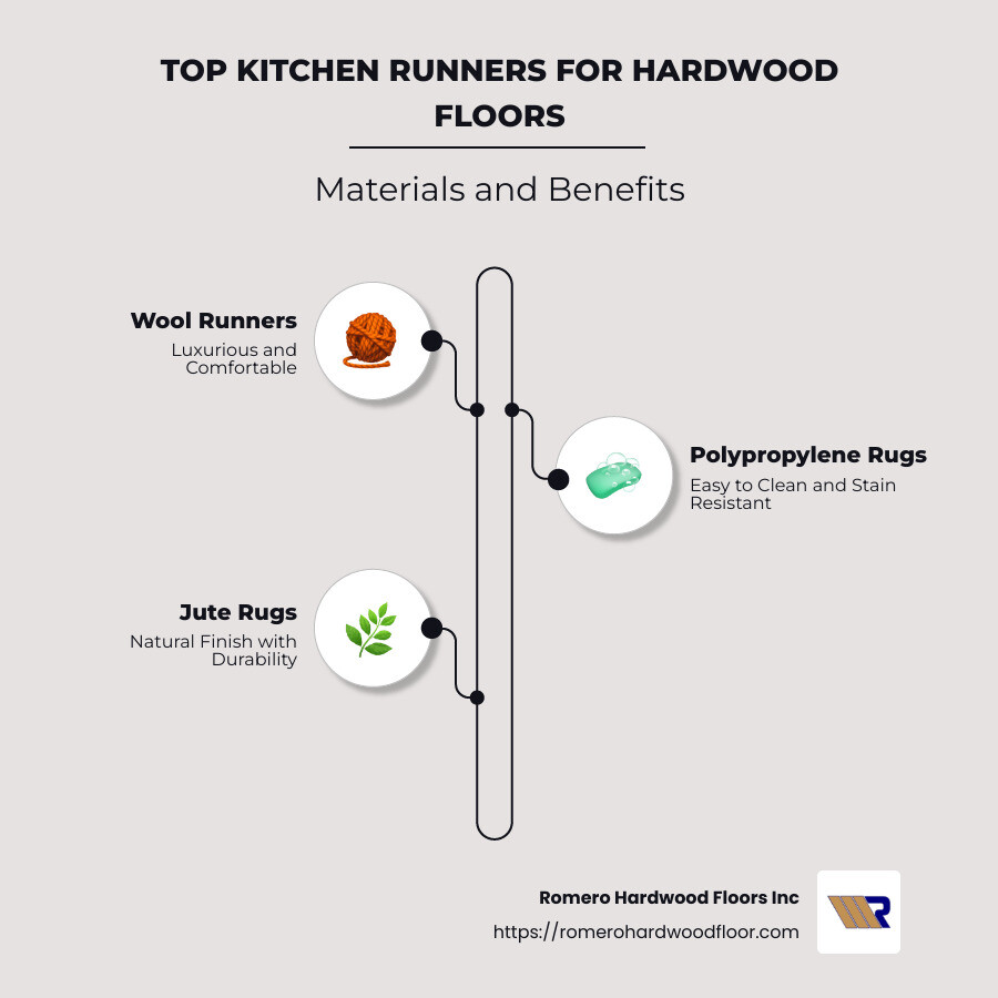 Infographic displaying top kitchen runner materials and benefits - best kitchen runners for hardwood floors infographic infographic-line-3-steps-neat_beige