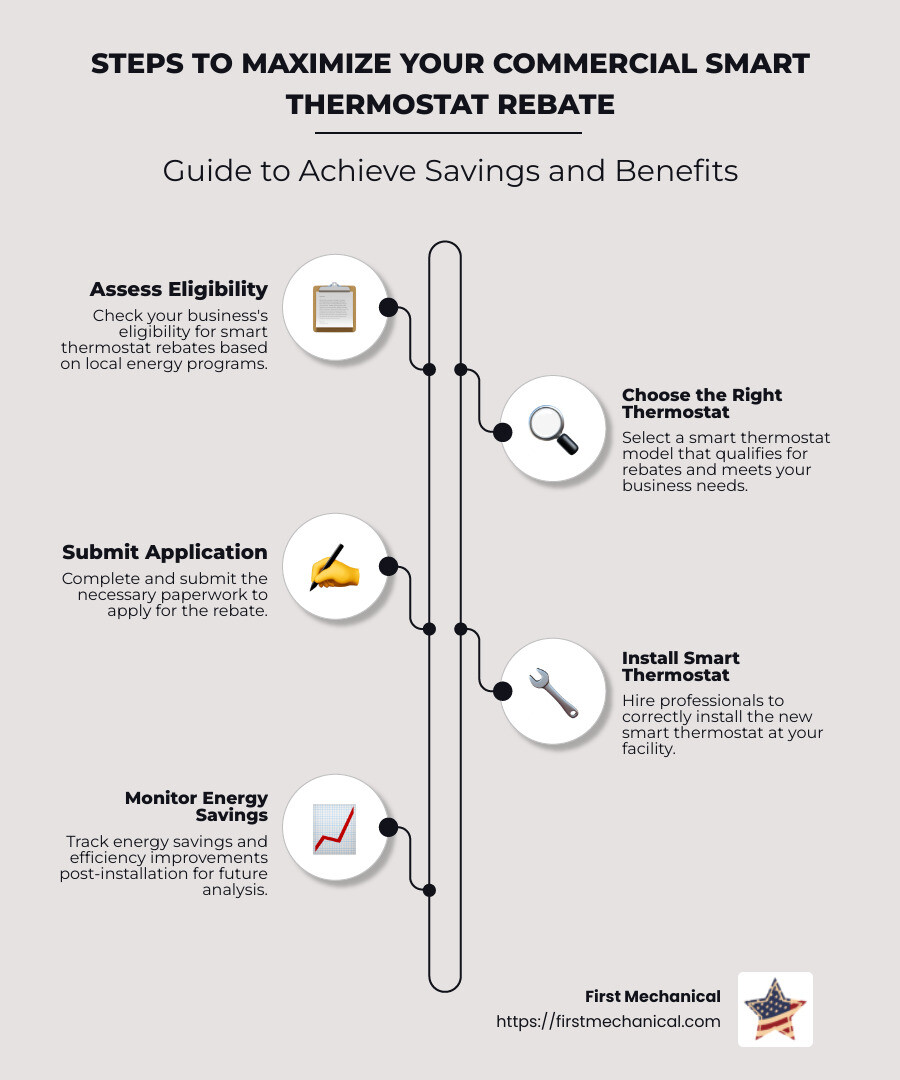 comparison of rebate amounts and savings for different commercial thermostat programs - commercial smart thermostat rebate infographic infographic-line-5-steps-neat_beige