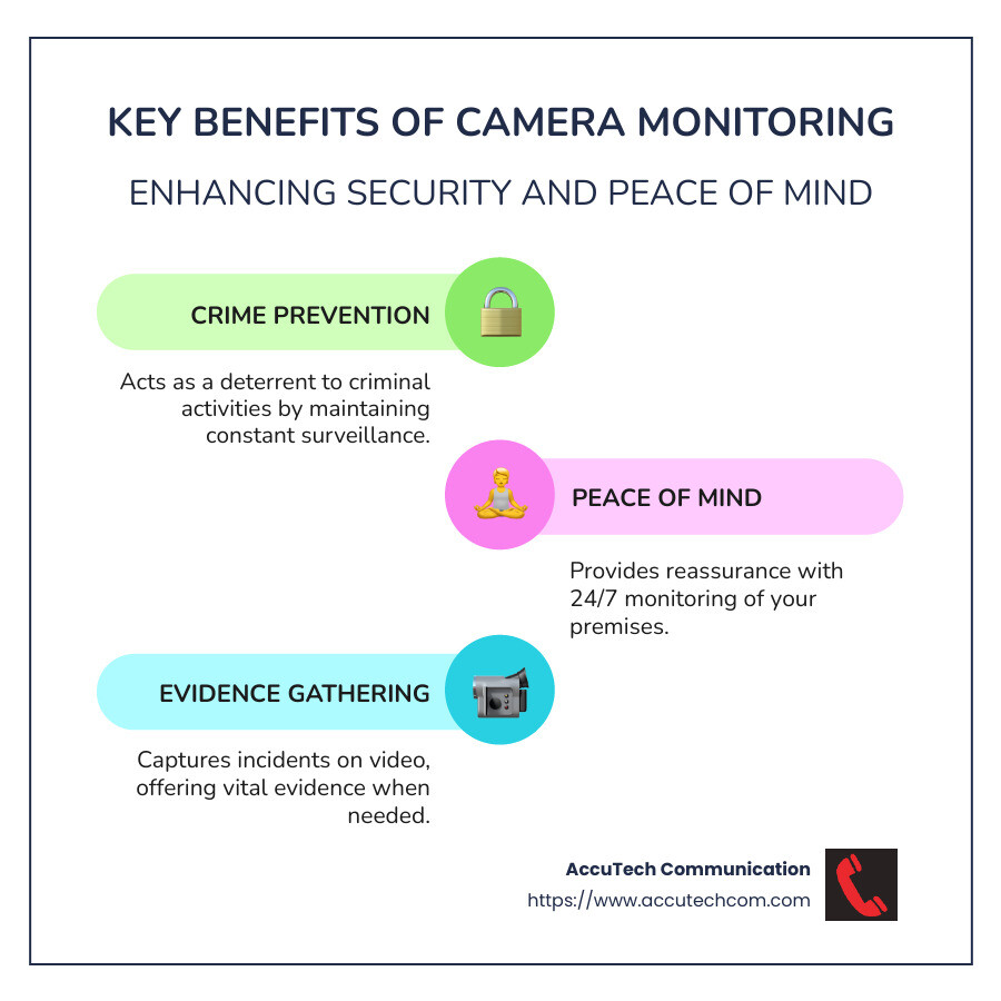 Infographic about camera monitoring benefits, highlighting crime prevention, real-time surveillance, and evidence gathering - camera monitoring infographic infographic-line-3-steps-colors