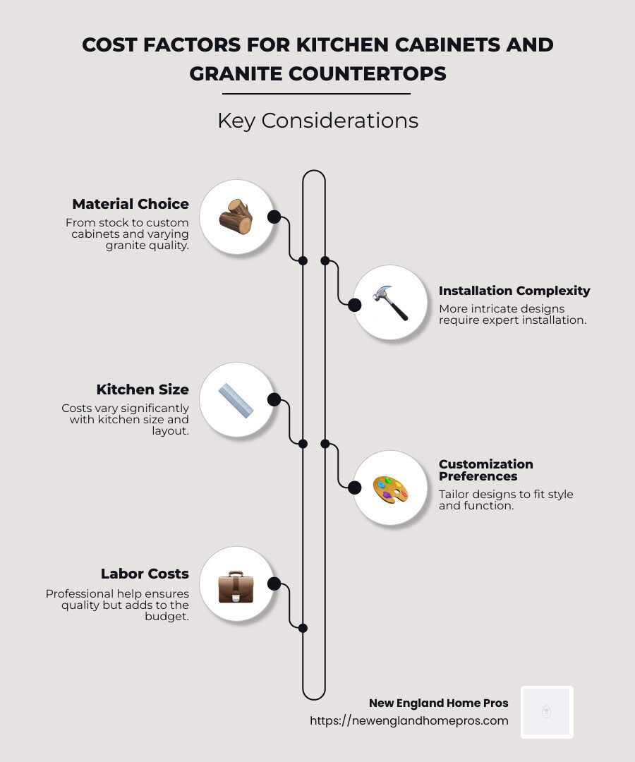 infographic detailing cost range and factors affecting kitchen cabinets and granite countertops - cost for new kitchen cabinets and granite countertops infographic infographic-line-5-steps-neat_beige