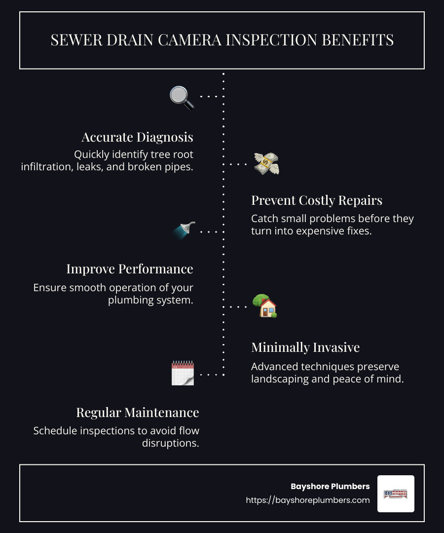Infographic explaining benefits and process of sewer camera inspection - sewer drain camera inspection infographic infographic-line-5-steps-dark