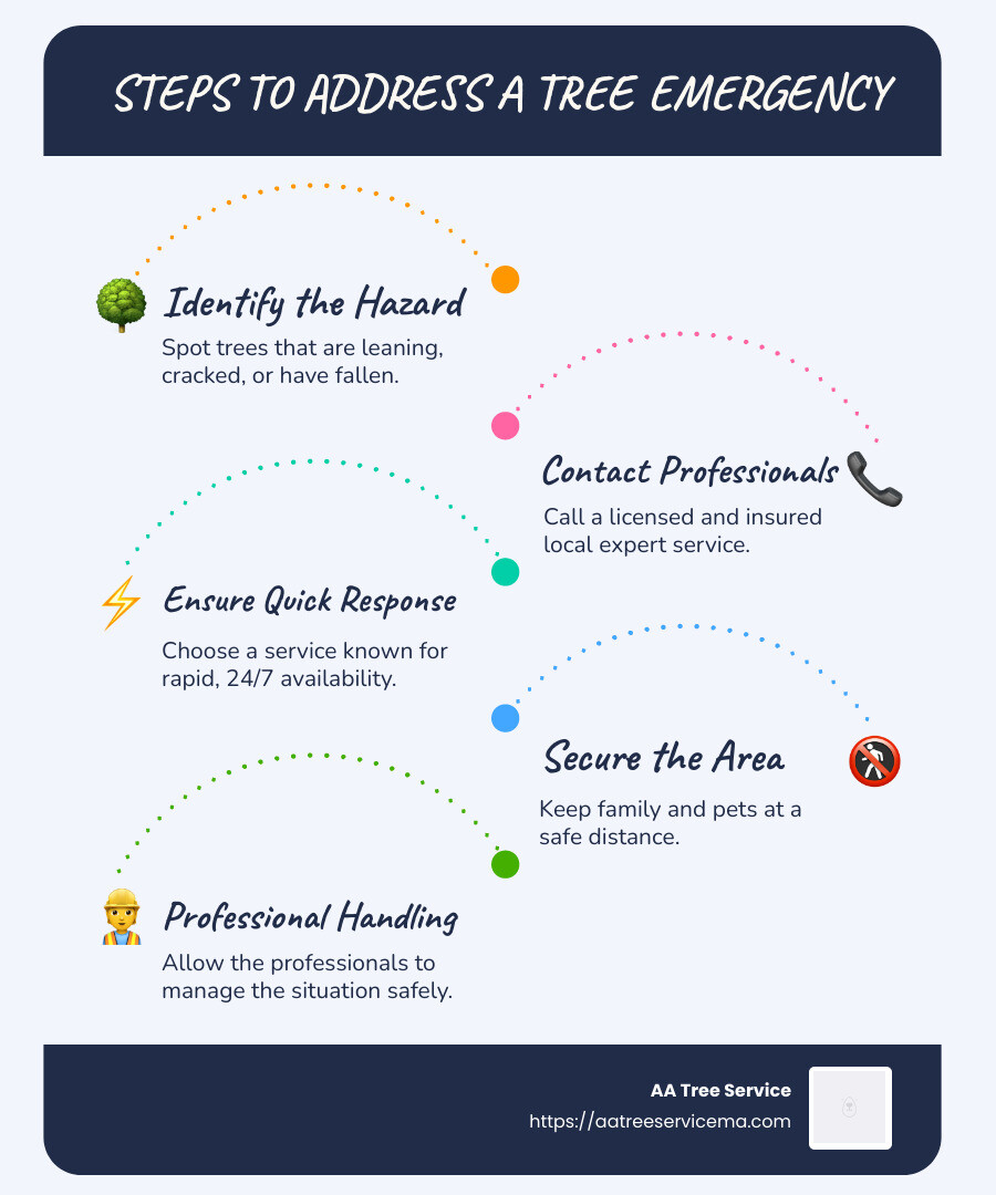 Infographic showing steps to address a tree emergency: identify, contact, secure, response time - emergency tree removal near me infographic infographic-line-5-steps-blues-accent_colors