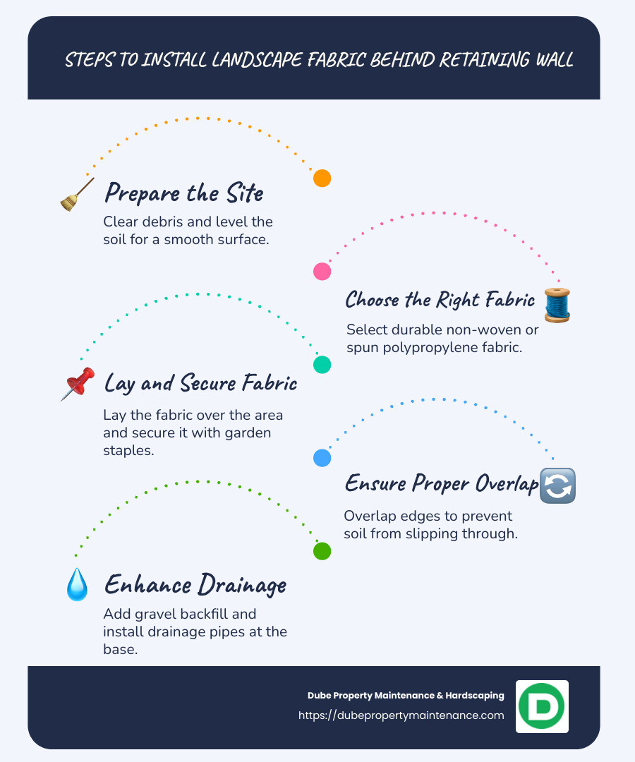 Checklist: Installing Landscape Fabric and Ensuring Drainage - how to install landscape fabric behind retaining wall infographic infographic-line-5-steps-blues-accent_colors