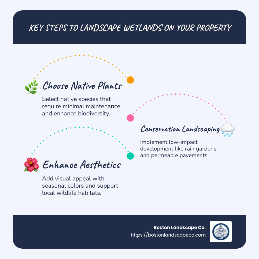Summary of key steps to landscape wetlands on your property in Boston - how to landscape wetlands on your property infographic infographic-line-3-steps-blues-accent_colors