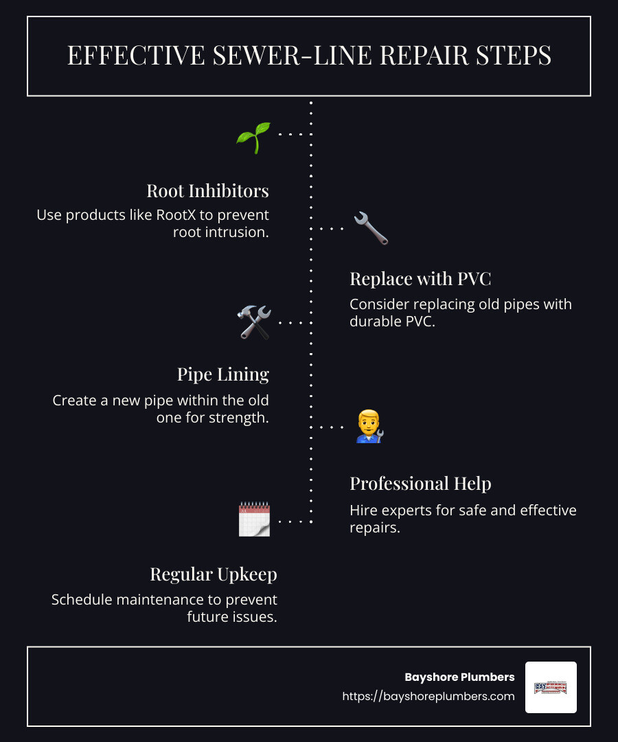 Steps to fix sewer line issues infographic includes Root Inhibitors, replacing pipes, pipe lining, professional help, and regular upkeep - Sewer-Line Repair infographic infographic-line-5-steps-dark