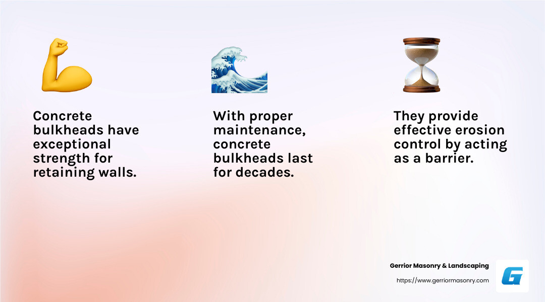 Concrete bulkheads offer strength and longevity, effectively controlling erosion. - bulkheads concrete infographic 3_facts_emoji_light-gradient