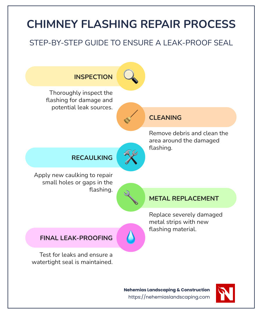 Overview of Chimney Flashing Repair Process: Before and After Steps Explained, Including Inspection, Recaulking, and Final Leak-proofing - chimney flashing repair MA infographic infographic-line-5-steps-colors