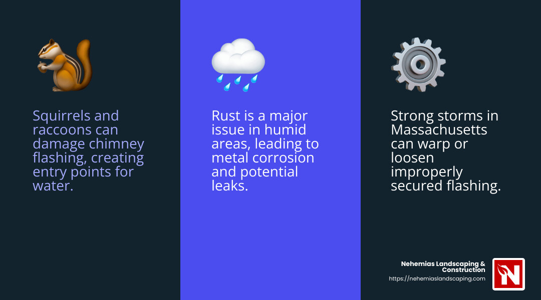Rust can compromise the effectiveness of your chimney flashing, leading to potential leaks and water damage. - chimney flashing repair MA infographic 3_facts_emoji_blue