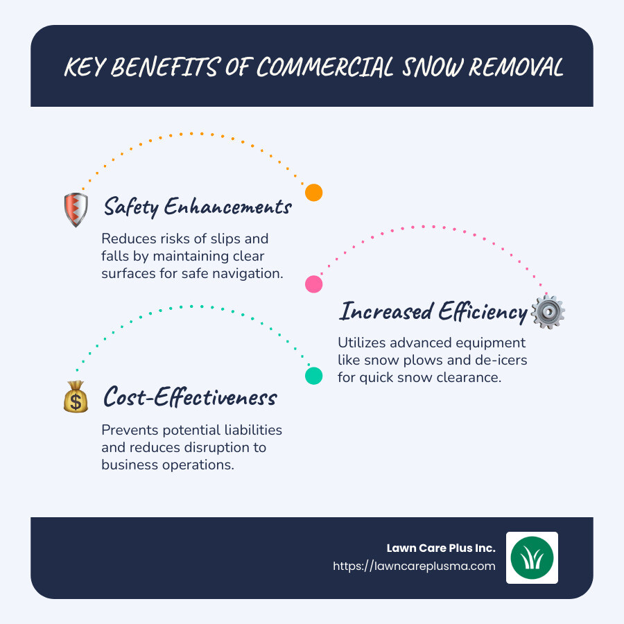Comparison of benefits provided by commercial snow removal services: safety improvements, efficiency, technology usage, and cost-effectiveness - commercial snow removal companies infographic infographic-line-3-steps-blues-accent_colors