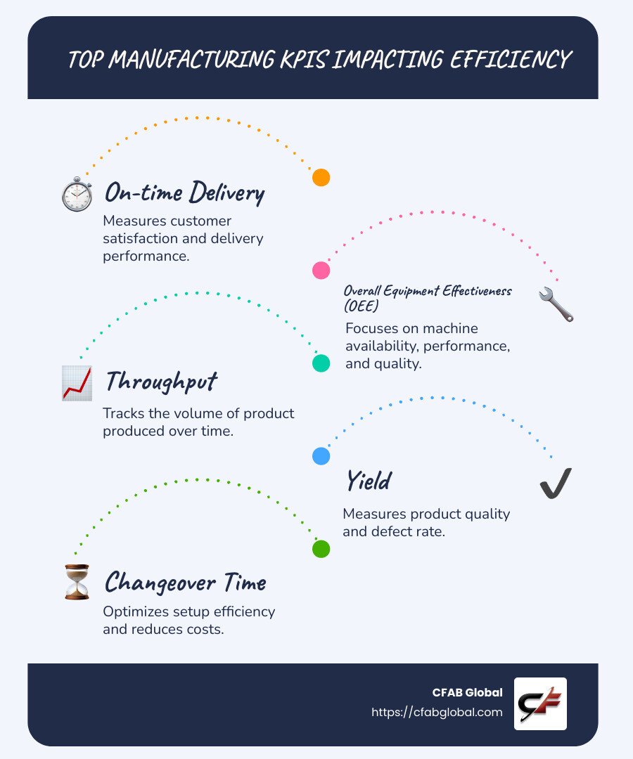 Infographic detailing top manufacturing KPIs like throughput, OEE, and on-time delivery with interconnected arrows showing their impact on efficiency and strategic goals. - kpi in manufacturing company infographic infographic-line-5-steps-blues-accent_colors