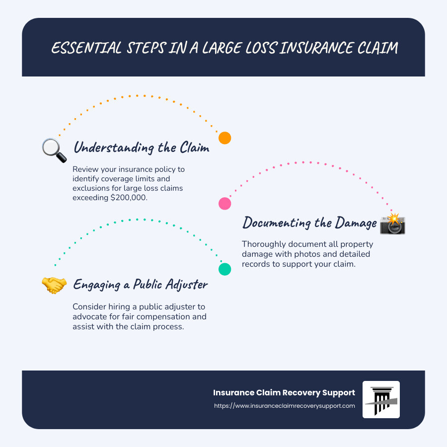 Infographic detailing large loss insurance claim essentials: definition, common causes, and recovery steps - large loss insurance claim infographic infographic-line-3-steps-blues-accent_colors
