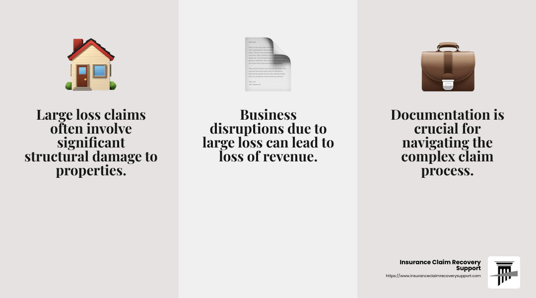 Understanding the elements of a large loss insurance claim is crucial for effective recovery. - large loss insurance claim infographic 3_facts_emoji_grey