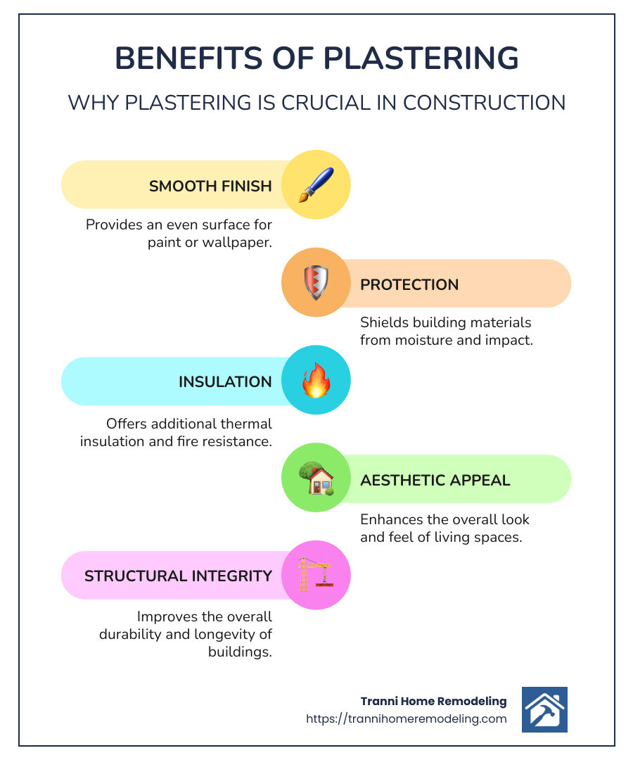 Mastering the Art of Plastering: Tips and Techniques 1 Infographic explaining the benefits and process of plastering - plastering infographic infographic-line-5-steps-colors
