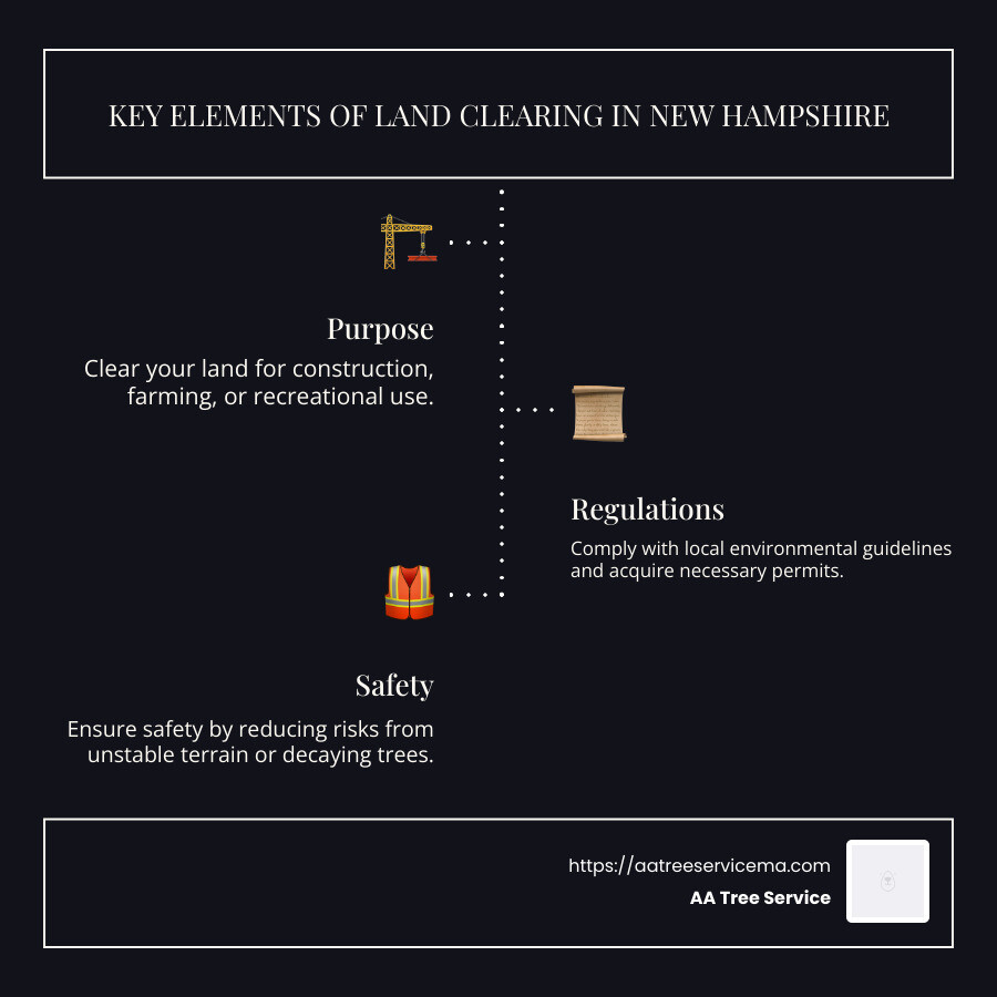 Infographic of key elements of land clearing in New Hampshire: Purpose, Regulations, Safety - Land clearing New Hampshire infographic infographic-line-3-steps-dark