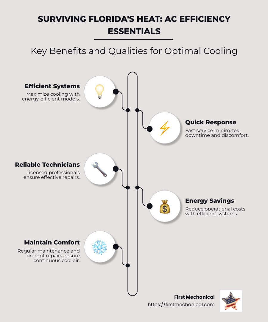 Infographic detailing Florida's average temperature, benefits of efficient AC systems, key qualities of reliable service providers - ac repair plant city infographic infographic-line-5-steps-neat_beige