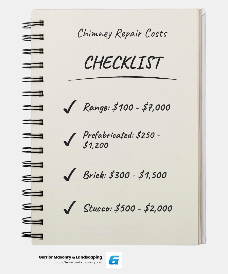 Chimney repair cost range: $100 to $7,000 - chimney repair cost infographic checklist-notebook