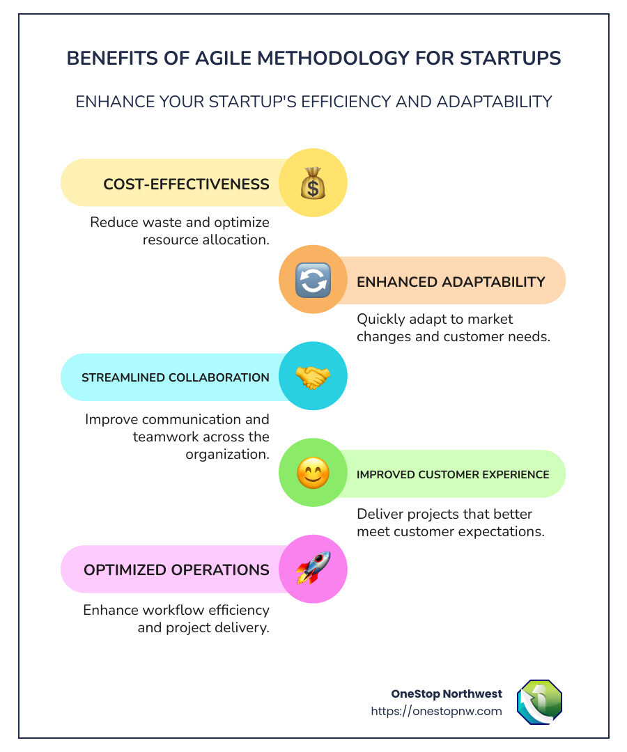 Detailed infographic showing benefits of agile methodology for startups, including cost-effectiveness, improved adaptability, and streamlined collaboration processes - project management software for startups infographic infographic-line-5-steps-colors