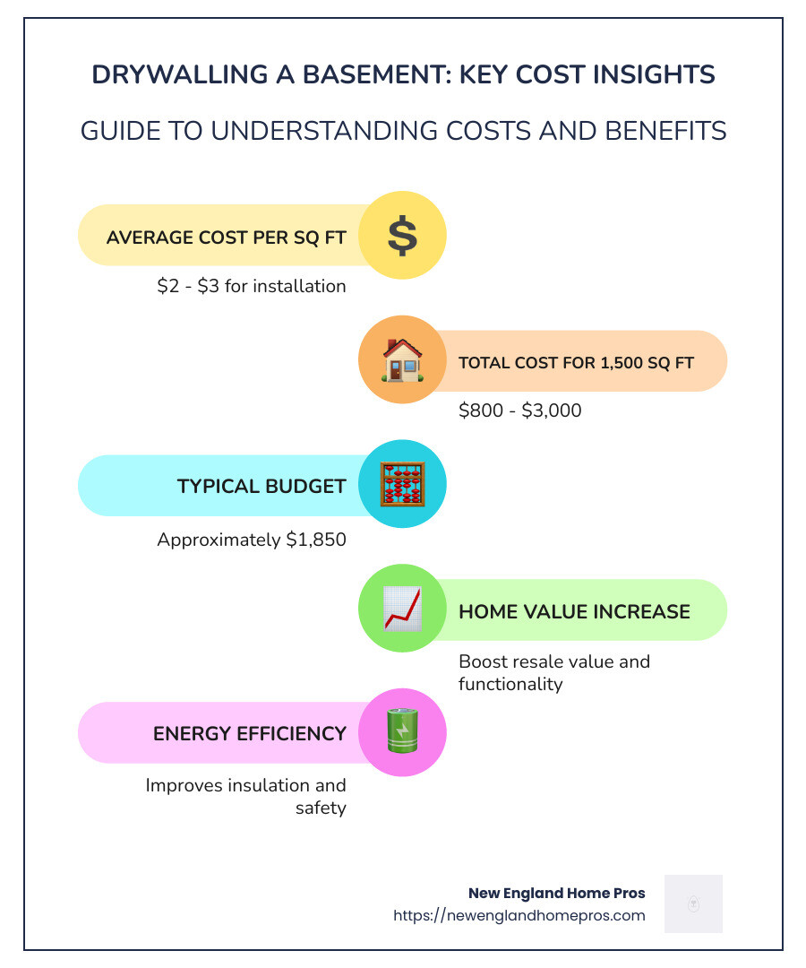Detailed infographic on drywalling costs and benefits, including average costs, potential uses for the space, and energy efficiency benefits. - cost to drywall basement infographic infographic-line-5-steps-colors