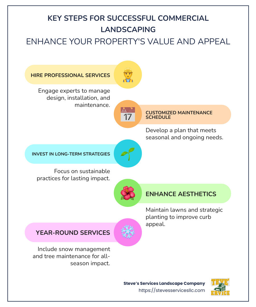 Infographic showing essential commercial landscaping tips and services in Burlington, MA - commercial landscaping burlington ma infographic infographic-line-5-steps-colors