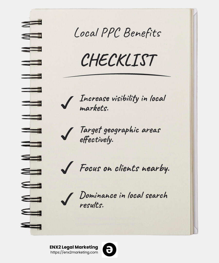 Local targeting can increase your law firm's visibility in your area. - PPC services for attorneys infographic checklist-notebook