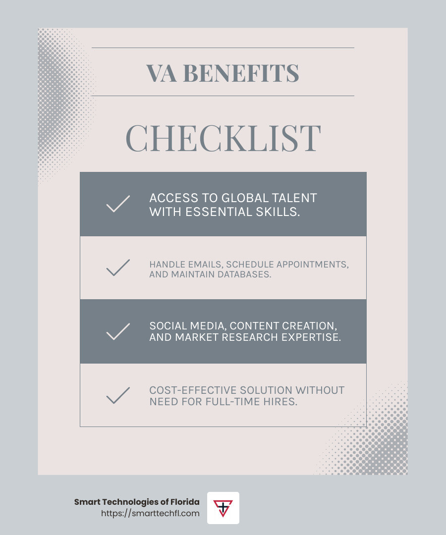 Virtual assistants bring specialized skills to businesses, enhancing efficiency and productivity. - streamlined business processes with virtual assistants infographic checklist-light-blue-grey