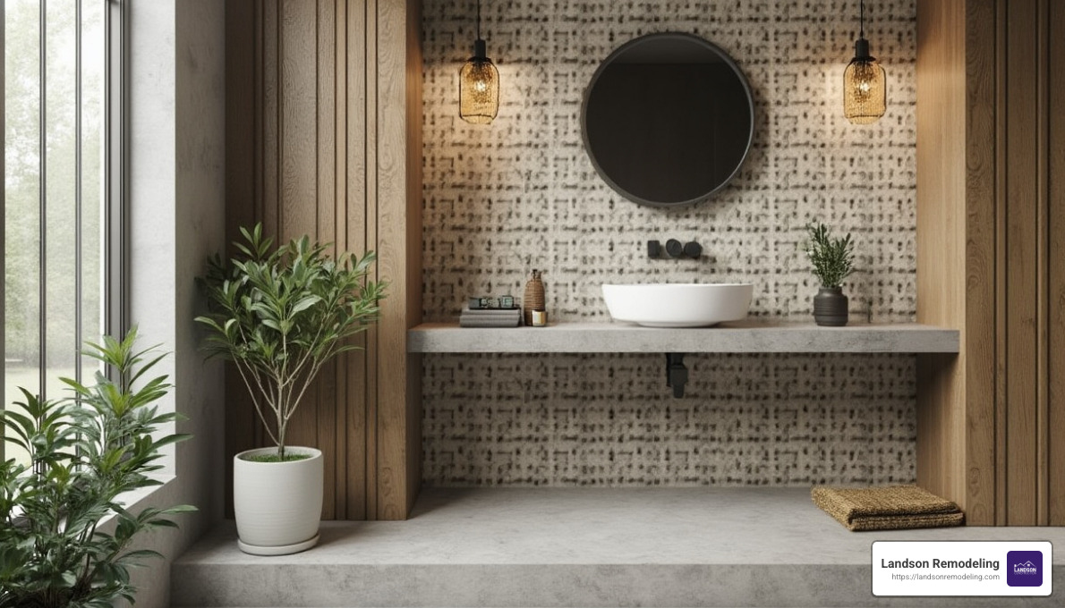 Bathroom with vinyl-coated wallpaper and natural materials - bathroom wall remodel ideas