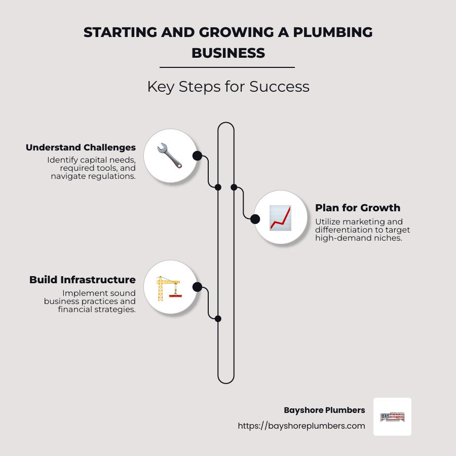 Infographic showing essential steps for starting and growing a plumbing business: challenges, market analysis, business planning, and strategic growth - Plumbing for business infographic infographic-line-3-steps-neat_beige