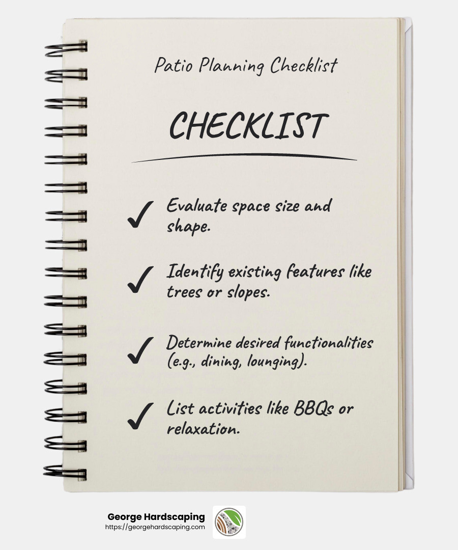 Quote about creating functional outdoor spaces - custom patios infographic checklist-notebook