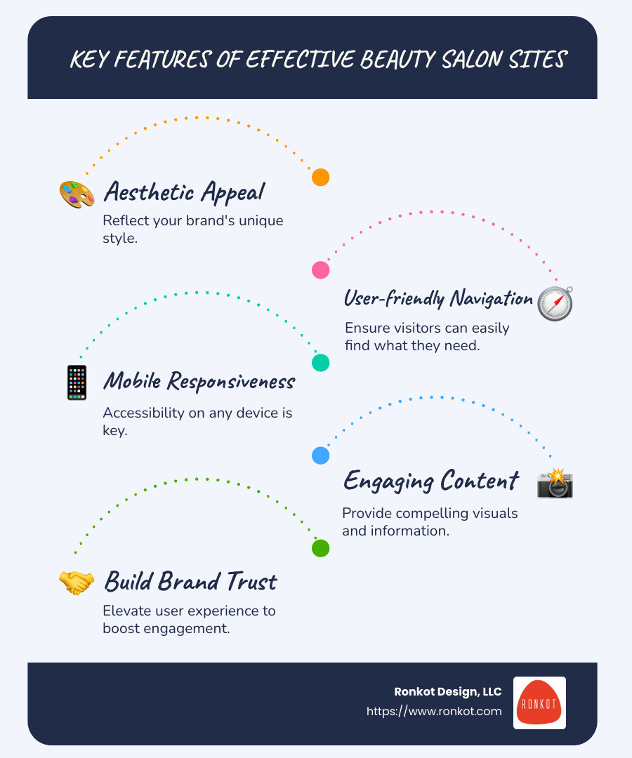 Infographic about key features of beauty salon sites: Aesthetic appeal, User-friendly, Mobile-responsive, Engaging Content - beauty salon sites infographic infographic-line-5-steps-blues-accent_colors