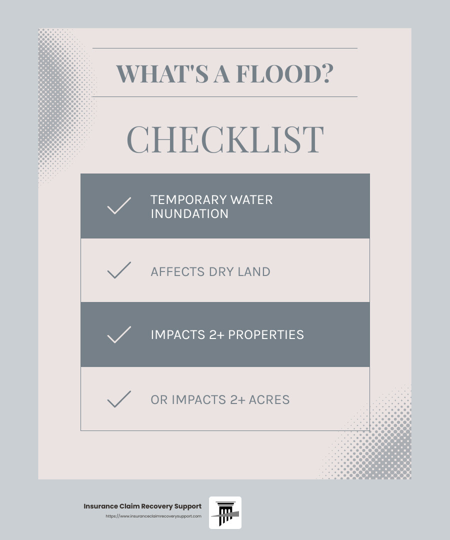 Definition of Flood by NFIP - public insurance adjuster for flood damage infographic checklist-light-blue-grey