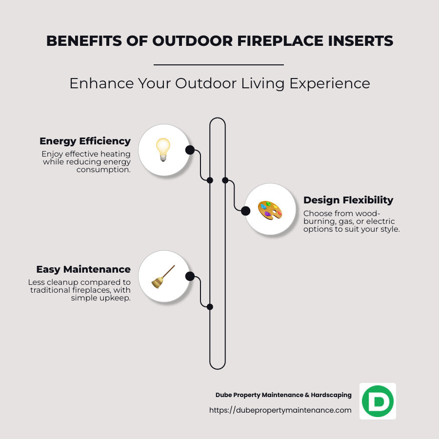 Infographic showing benefits and types of outdoor fireplace inserts including energy efficiency, design flexibility, and easy maintenance - outdoor fireplace insert infographic infographic-line-3-steps-neat_beige