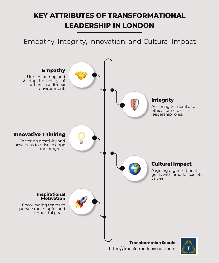 Infographic detailing the key attributes of changeal leadership: empathy, integrity, innovative thinking, and cultural impact in urban settings, specifically London - change leadership London infographic infographic-line-5-steps-neat_beige
